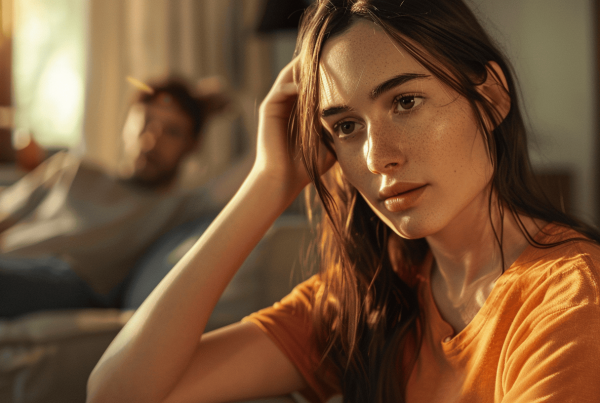 Jeune femme pensive, homme endormi en arrière-plan.