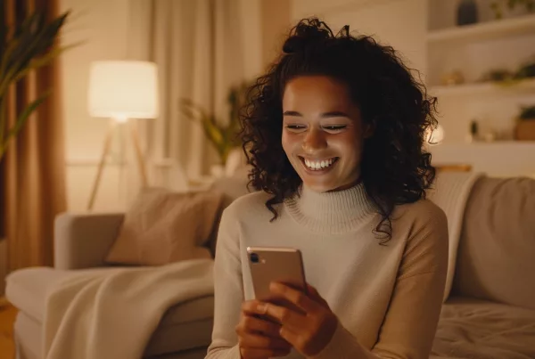 Femme souriante regardant son smartphone sur un canapé