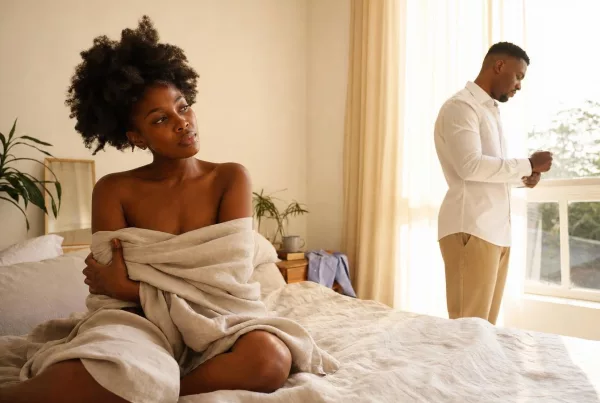 Femme pensive sur lit, homme au téléphone