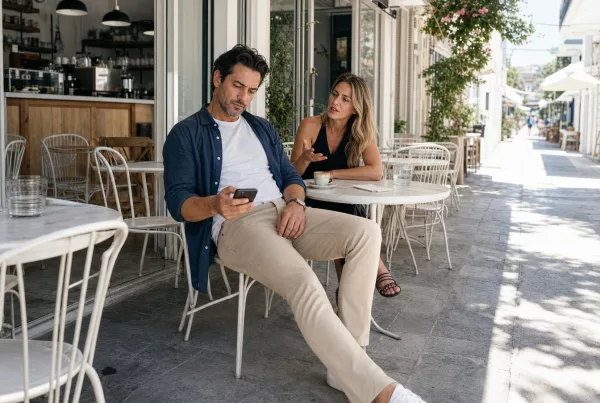 Couple discutant en terrasse, homme absorbé par son téléphone