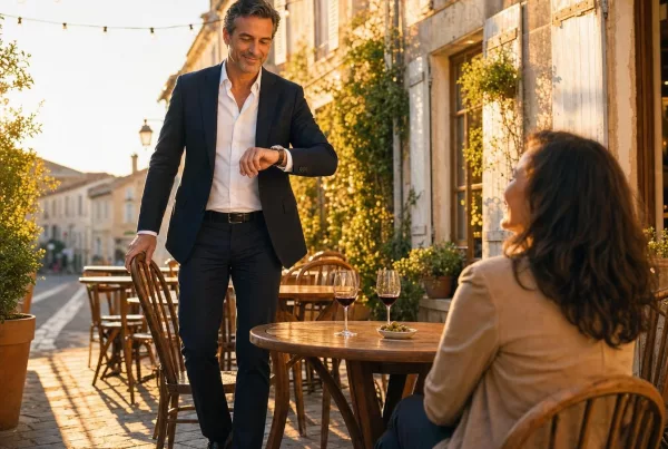 Homme élégant rejoignant une femme en terrasse au coucher du soleil