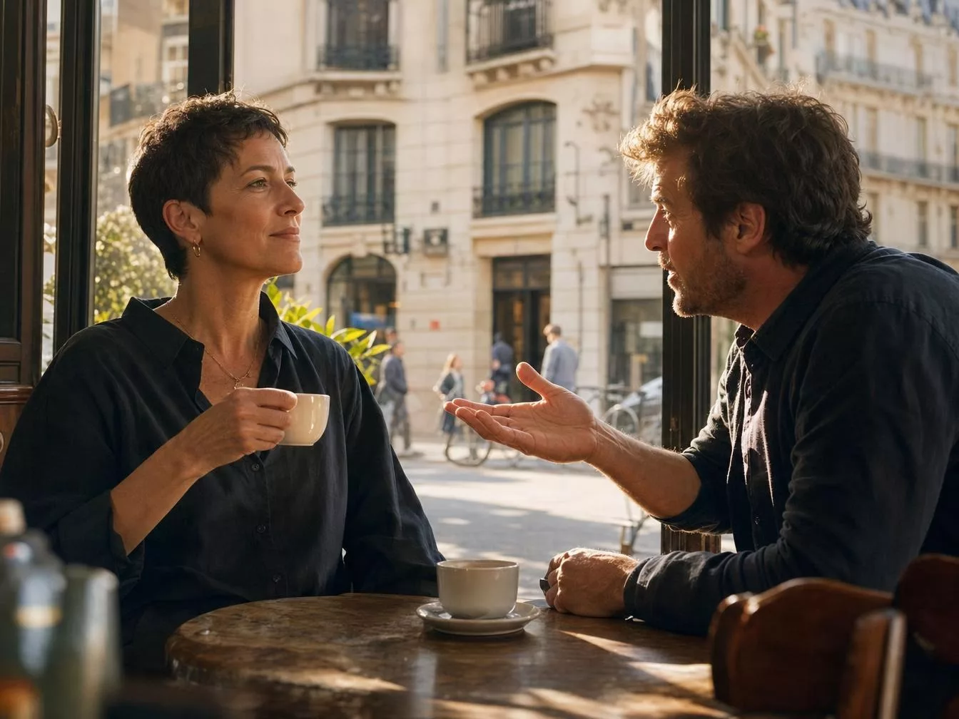 Une femme aux cheveux courts et un homme discutent autour d’un café