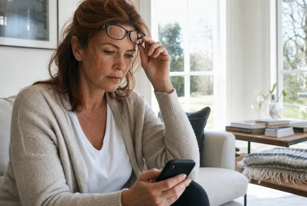 Femme préoccupée regardant son téléphone dans son salon