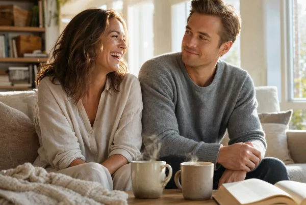Couple souriant sur un canapé avec deux tasses fumantes
