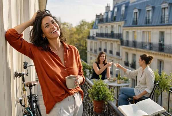 Trois femmes profitent d’un balcon parisien ensoleillé